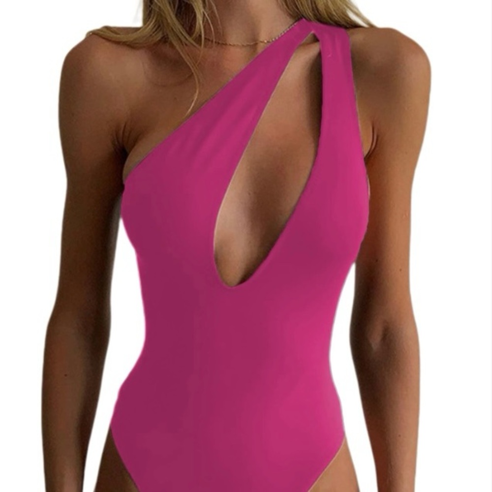 Hilinker Women's XL Hot Pink Sexy One Shoulder Thong Bodysuit Cut Out Sleeveless